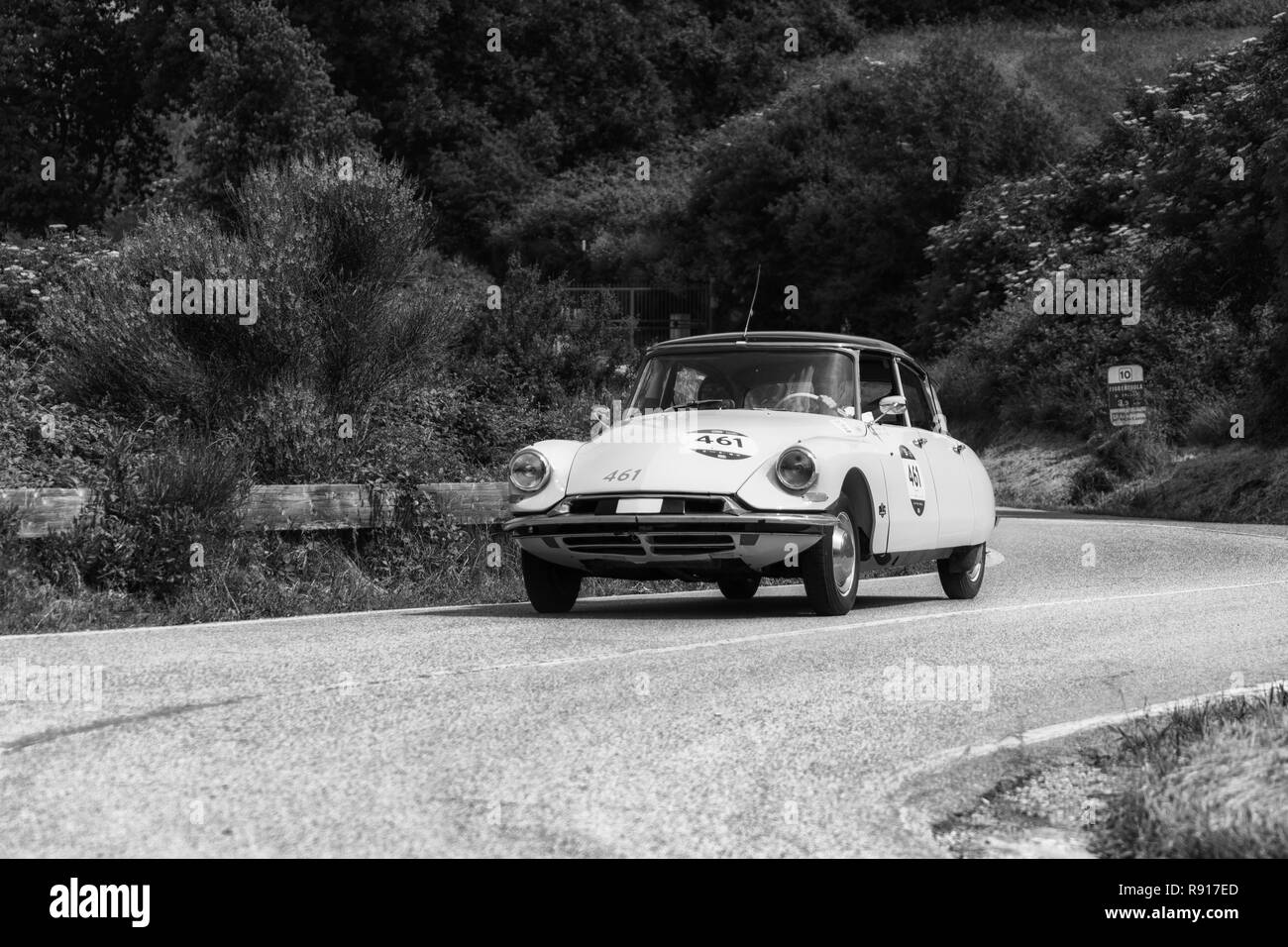 PESARO COLLE SAN BARTOLO , ITALY - MAY 17 - 2018 : CITROËN DS 19 1957 on an old racing car in rally Mille Miglia 2018 the famous italian historical ra Stock Photo