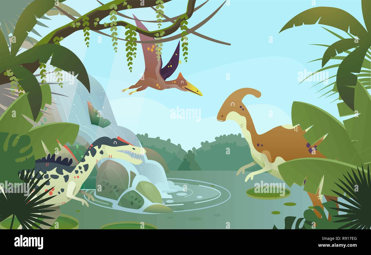 Nature landscape with prehistoric dinosaurs Stock Vector