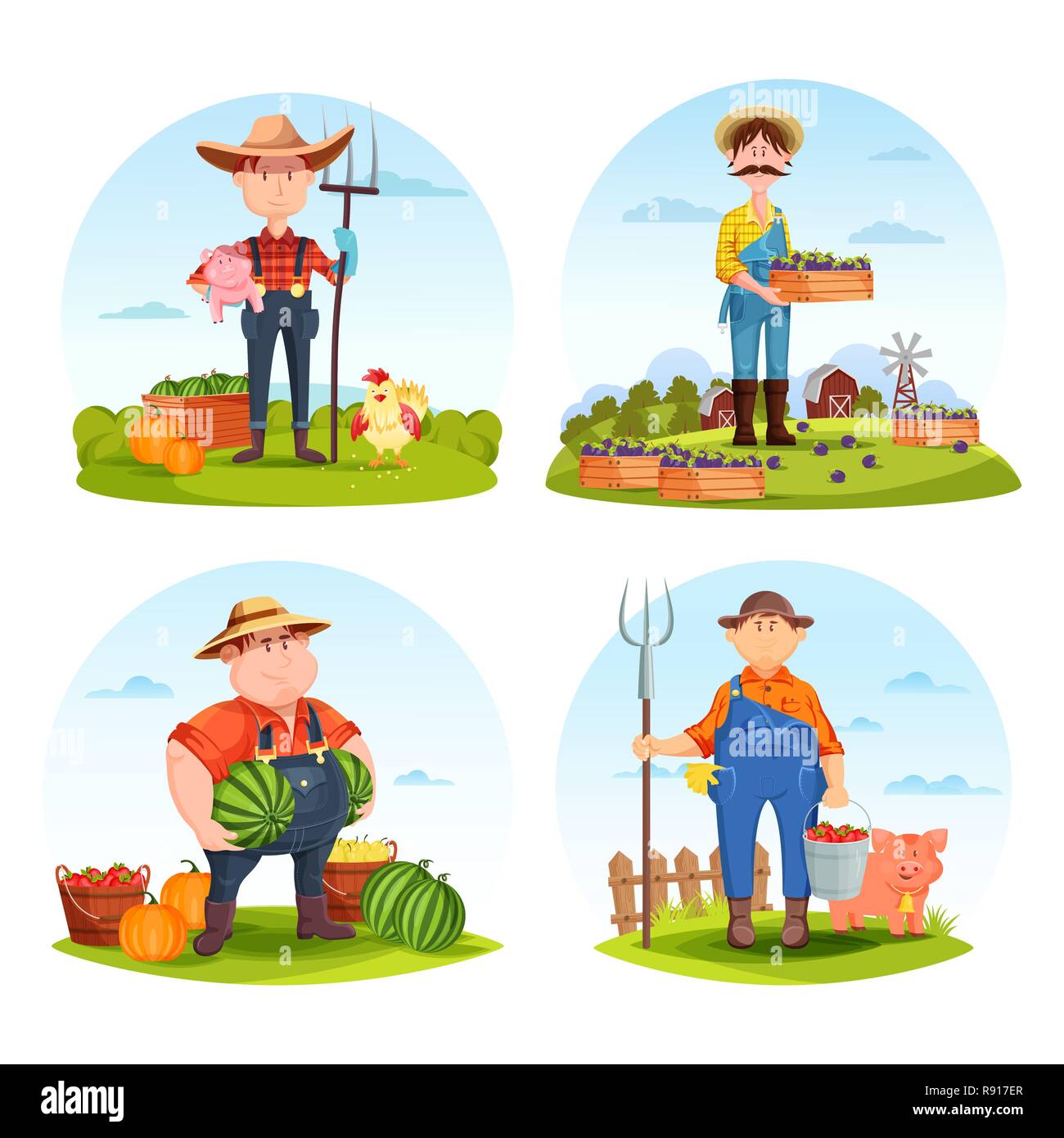 Gardeners and farmers with animals and vegetables Stock Vector