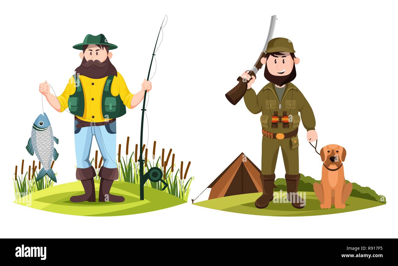 Hunter and fisherman. Hunt man and fisher with rod Stock Vector Image & Art  - Alamy