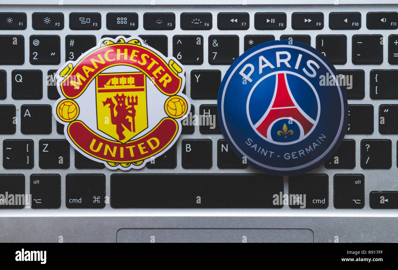 December 17, 2018. Nyon, Switzerland. Emblems of participants 1/8 finals of  the UEFA Champions League season 2018/2019 Manchester United F.C. and Par  Stock Photo - Alamy