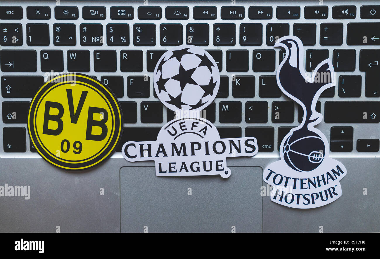 December 17, 2018. Nyon, Switzerland. Emblems of participants 1/8 finals of  the UEFA Champions League season 2018/2019 Borussia Dortmund and Tottenham  Stock Photo - Alamy