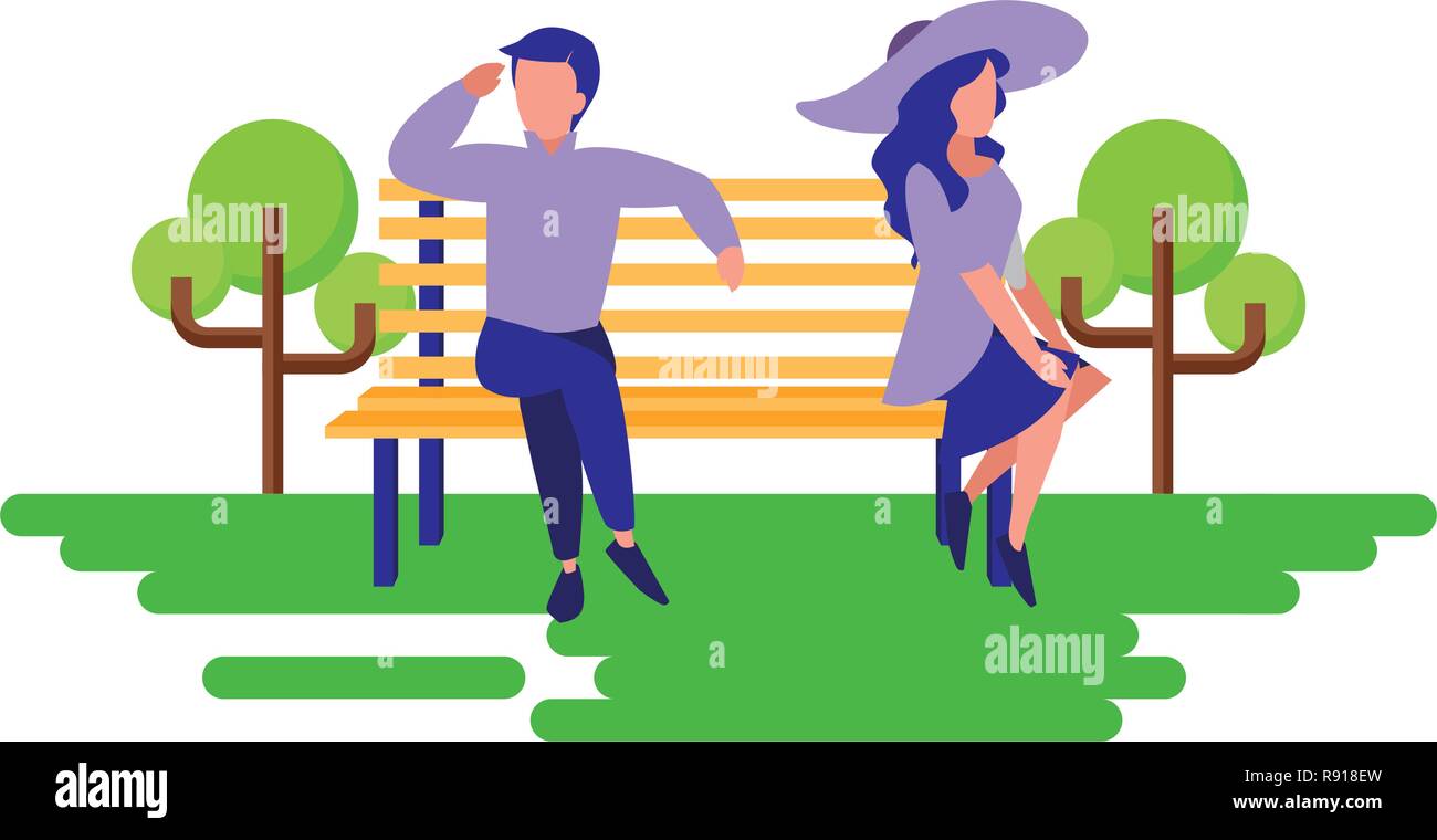 couple sitting on bench landscape vector illustration Stock Vector ...