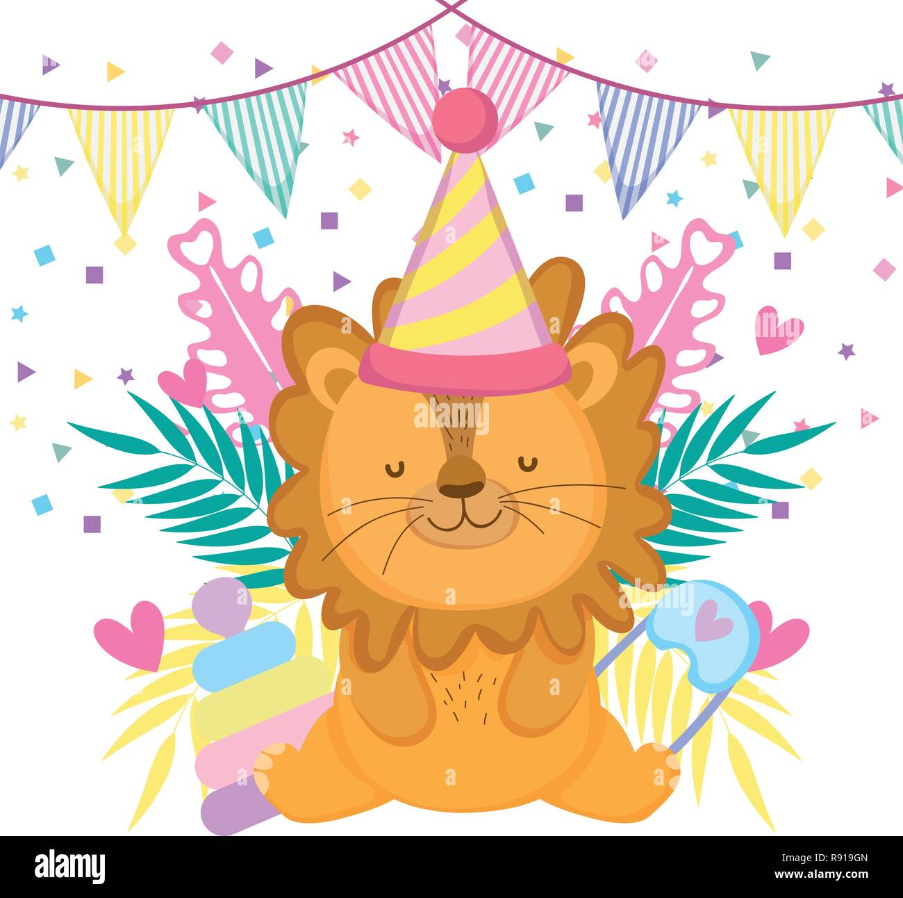 cute and little lion with party hat and garden Stock Vector Image & Art ...