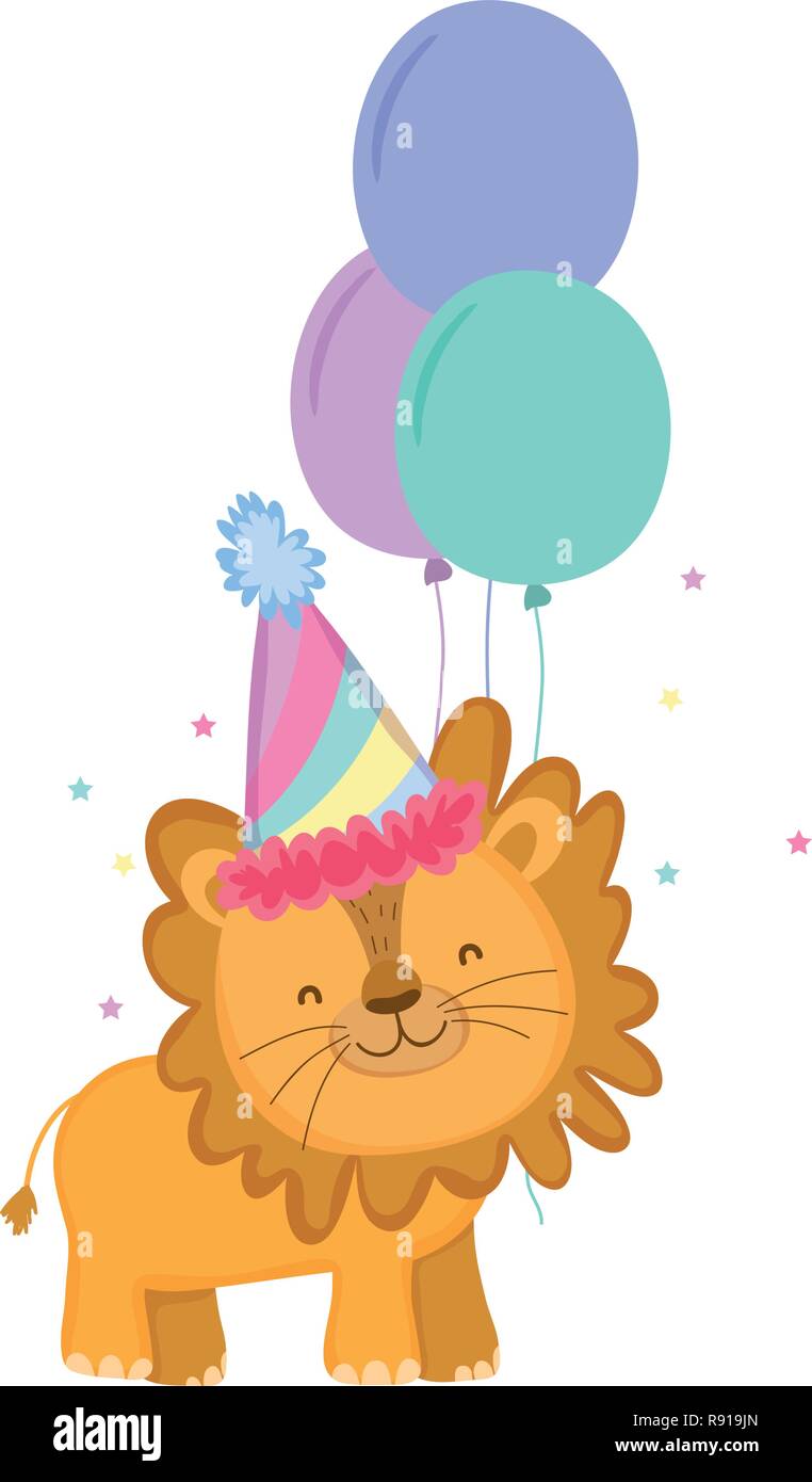 cute and little lion with party hat and balloons air Stock Vector Image ...