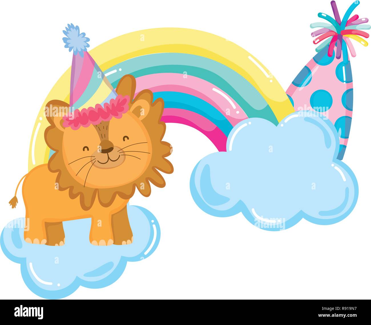 cute and little lion with party hat and rainbow Stock Vector Image ...