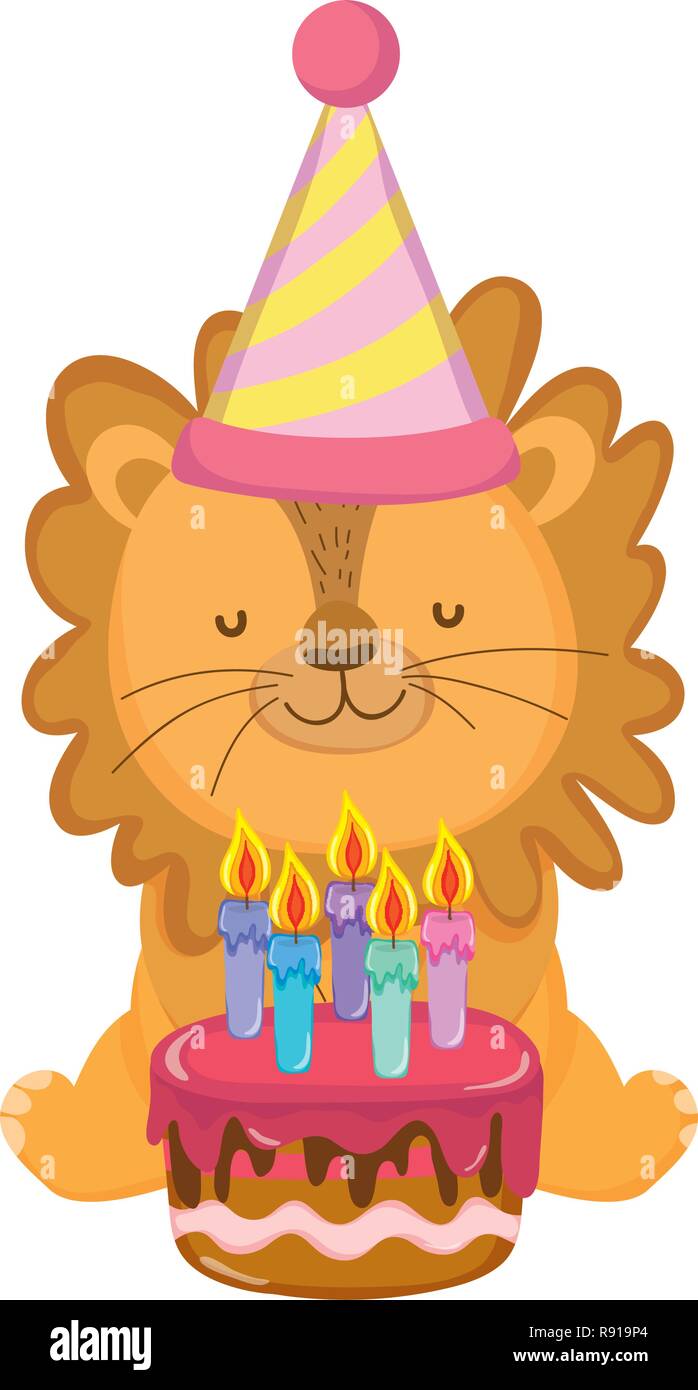 cute and little lion with party hat and sweet cake Stock Vector Image ...