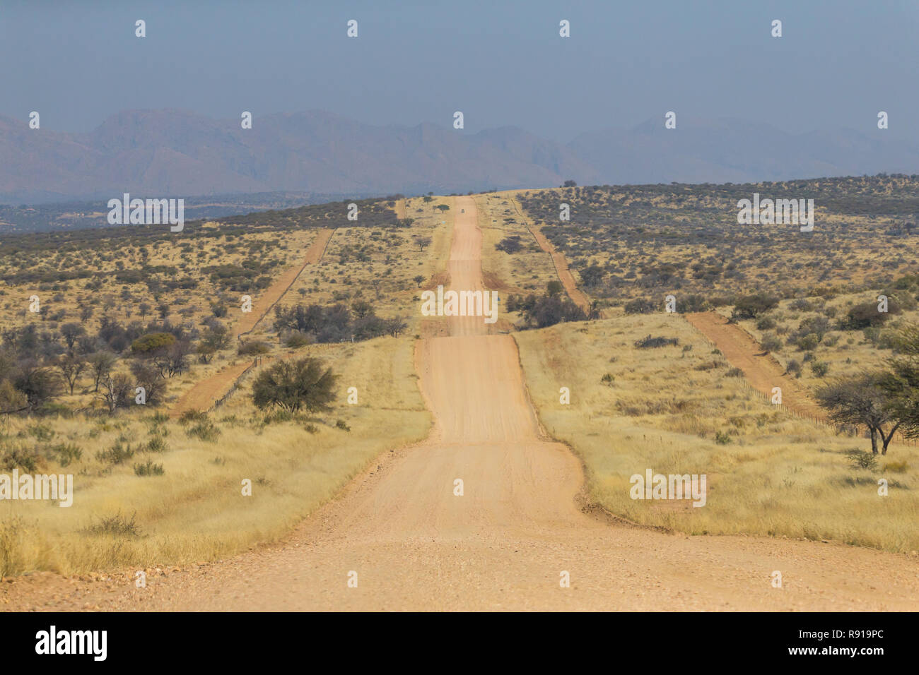 landscape of typical terrain or environment in Namibia Africa, dirt road long and hilly leading straight ahead in remote area Stock Photo