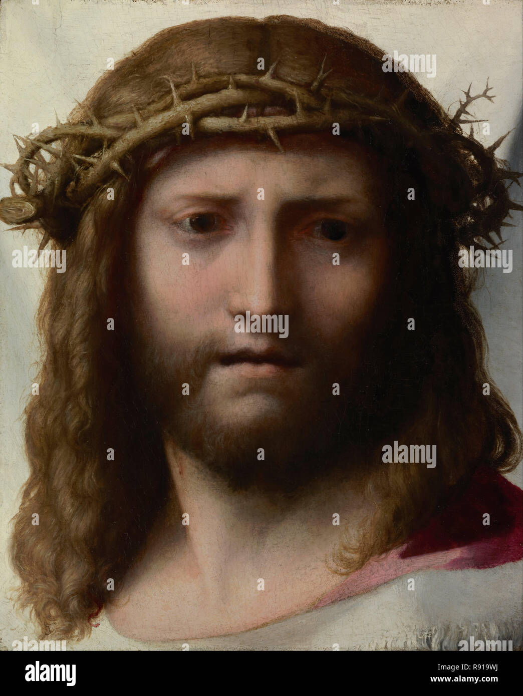 Head of Christ. Date/Period: Ca. 1525 - 1530. Painting. Oil on panel. Height: 286 mm (11.25 in); Width: 235 mm (9.25 in). Author: CORREGGIO, ANTONIO DA. Stock Photo