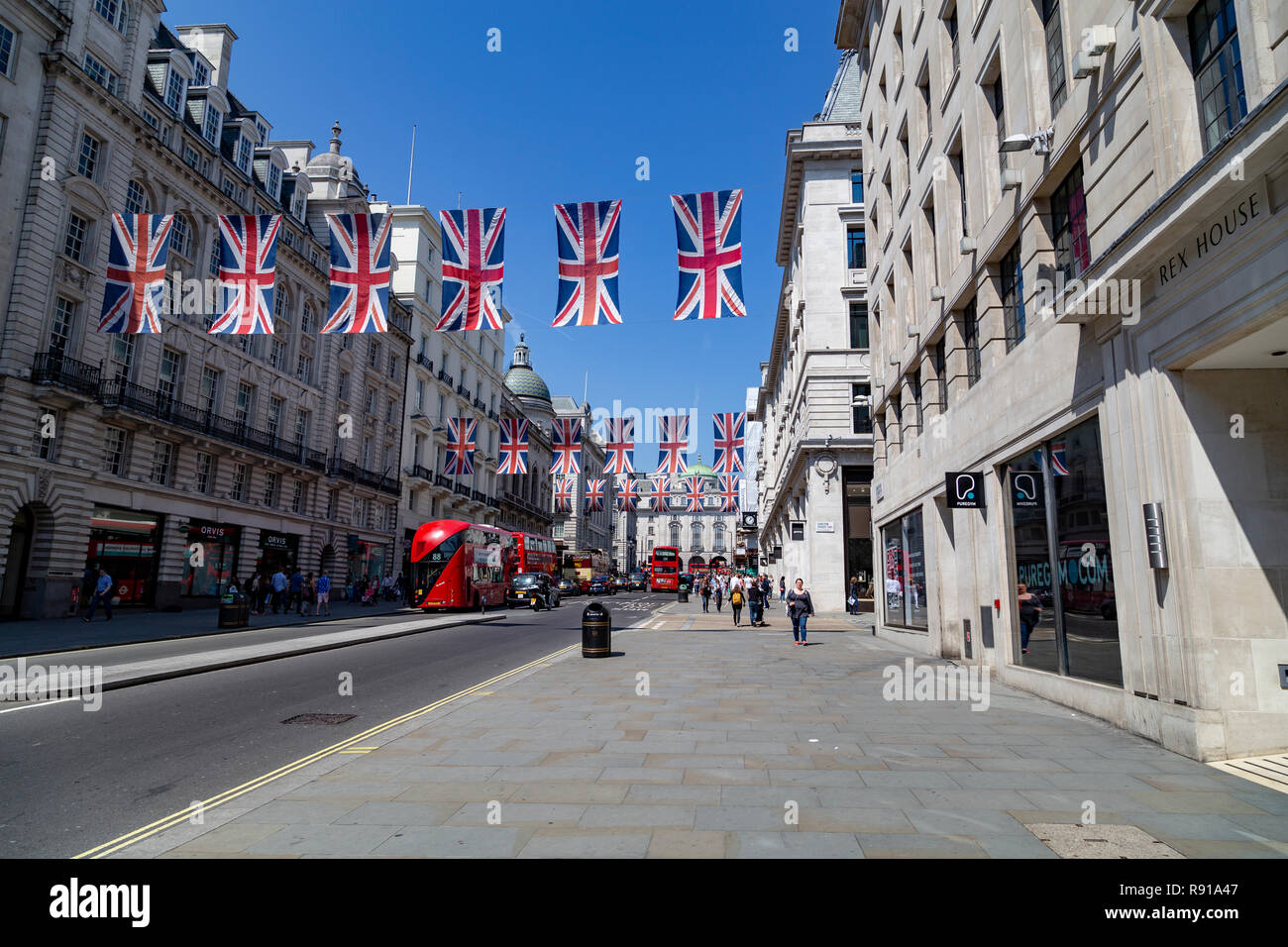 Union Jack Flags along Regents Street to Celebrate the Royal Wedding, London, UK Stock Photo