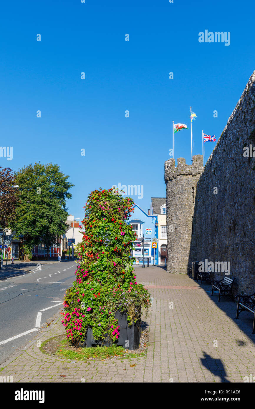 Historic town walls of Tenby, a walled seaside town in Pembrokeshire, south Wales coast on the western side of Carmarthen Bay Stock Photo