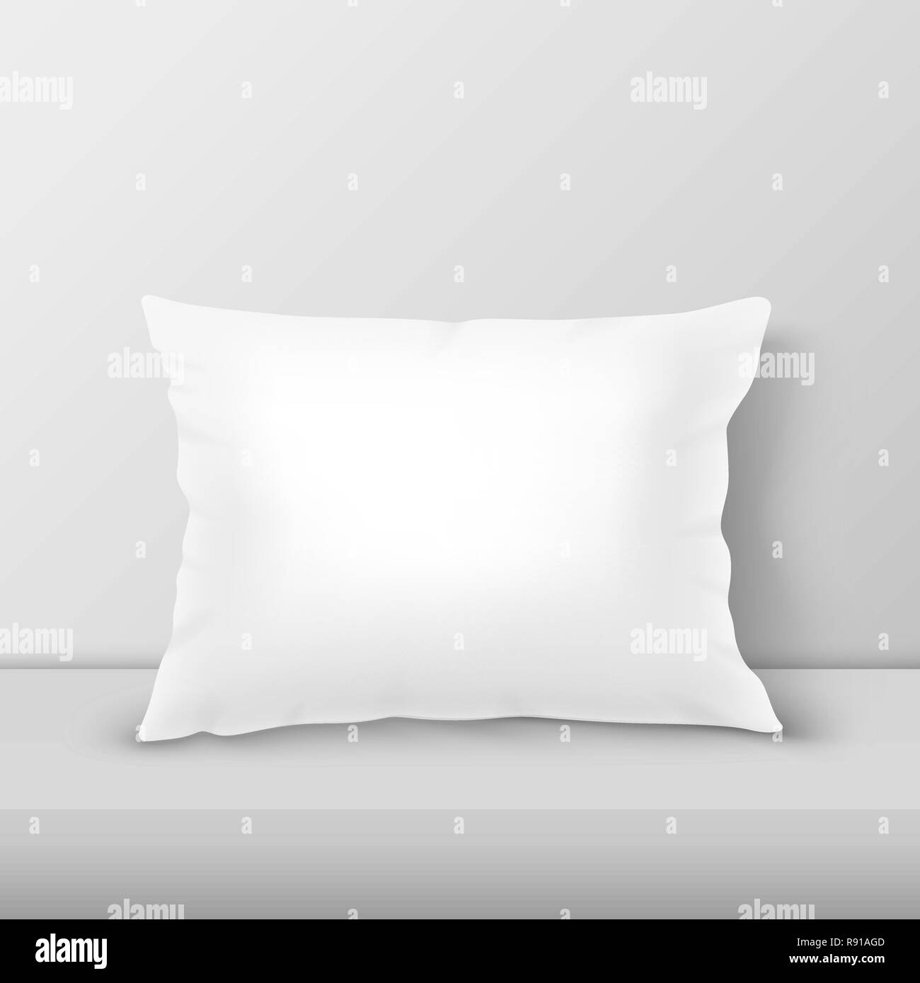 Vector Realistic 3d White Pillow Closeup on Table, Shelf Closeup on White Wall Background, Mock