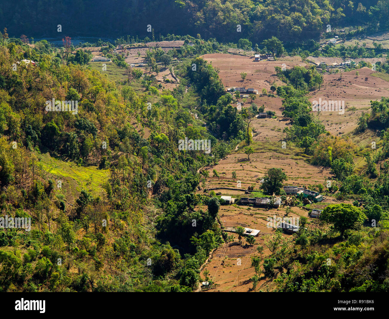 Kundal village on the Nandhour Valley, Kumaon Hills, where Jim Corbett come after the Chowgarh maneating tigress, Uttarakhand, India Stock Photo