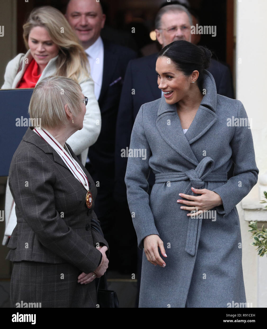 The Duchess of Sussex departs after a visit to the Royal Variety Charity's residential nursing and care home, Brinsworth House, in Twickenham, west London. Stock Photo