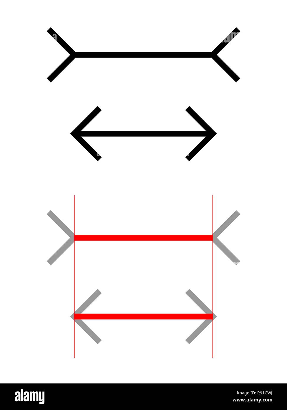 The Müller-Lyer illusion is a optical illusion in which two lines of the same length appear to be of different lengths. Stock Vector