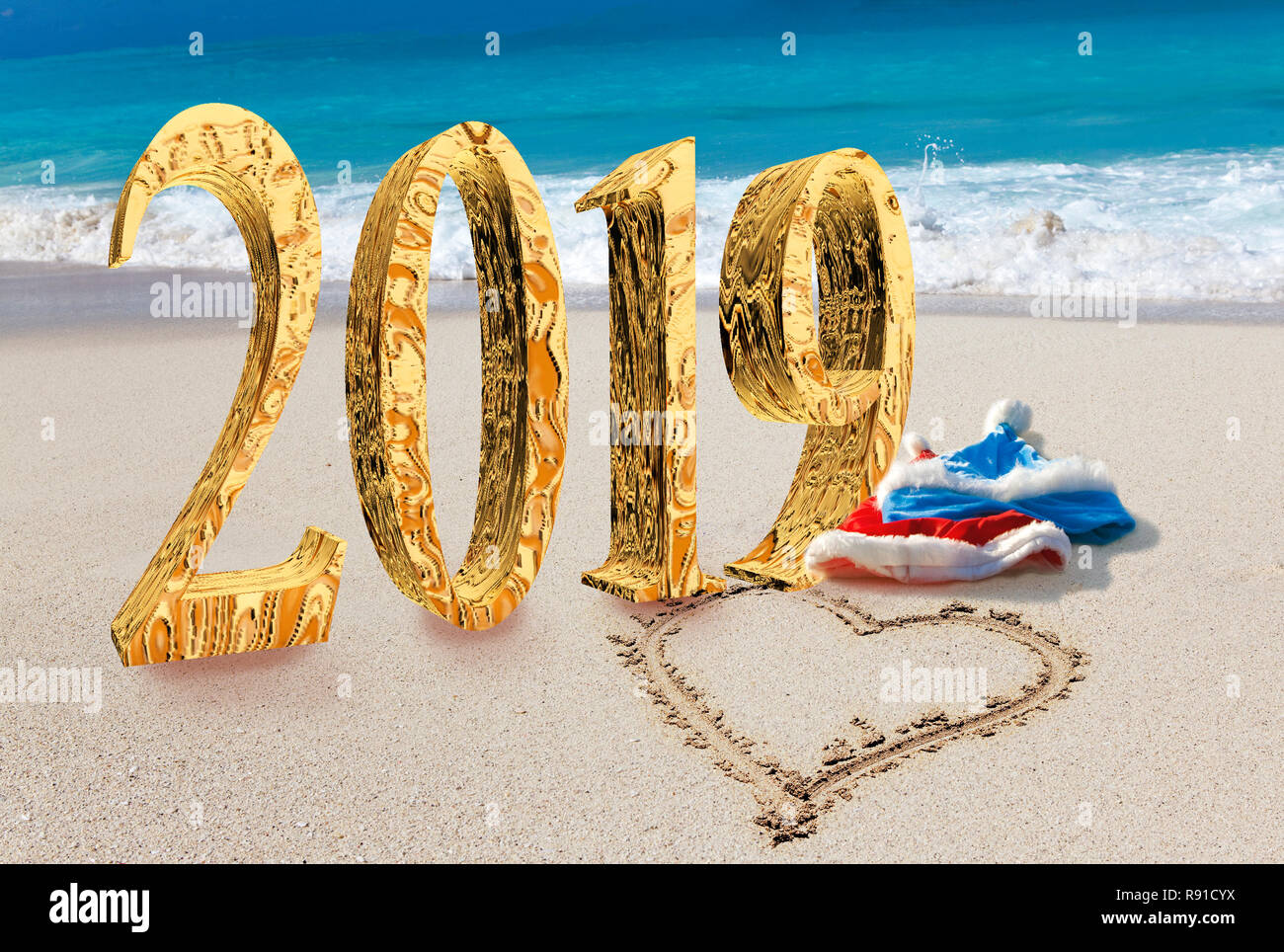 Christmas Decorations On The Sandy Seashore And The Inscription