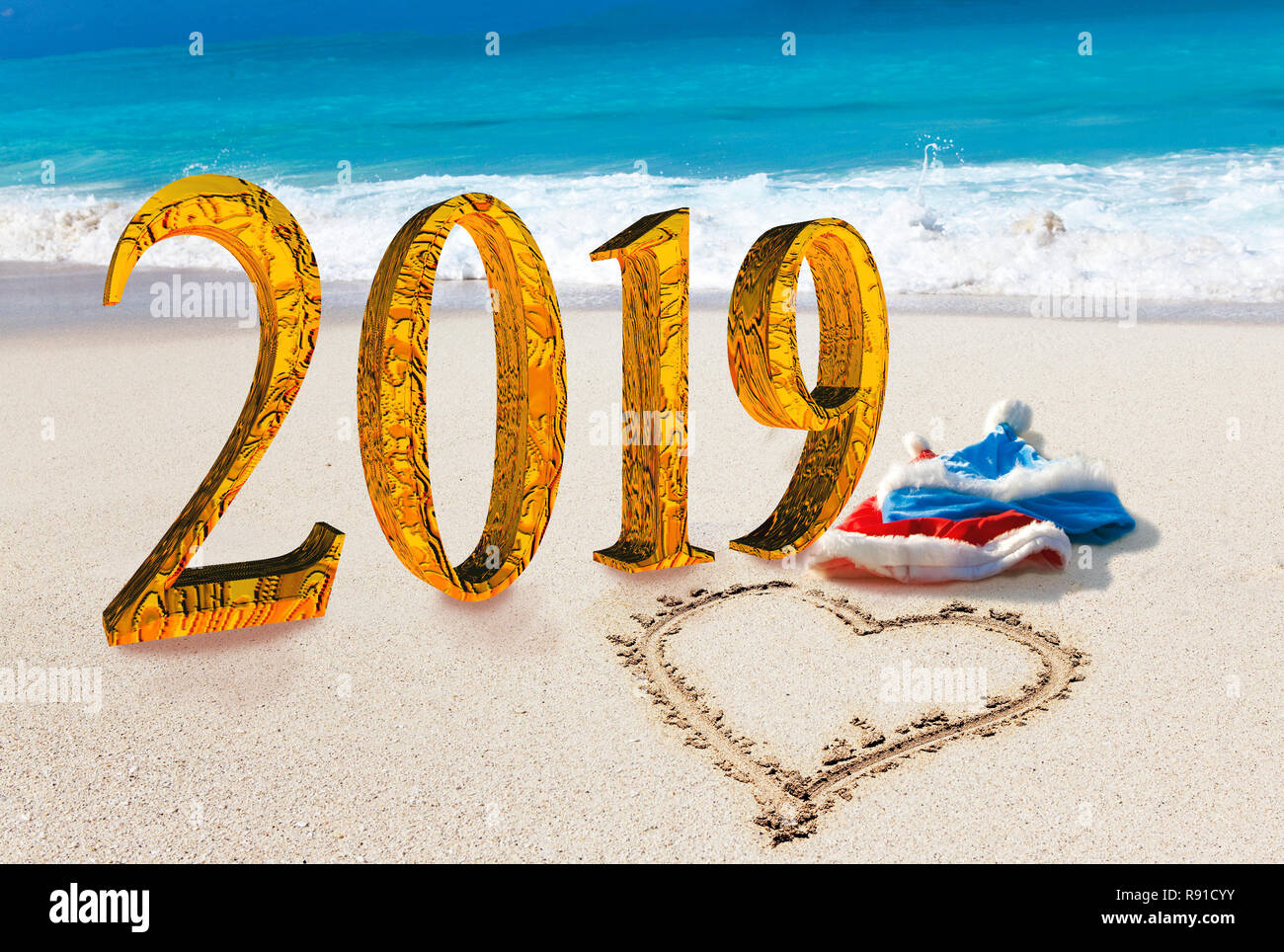 Christmas Decorations On The Sandy Seashore And The Inscription