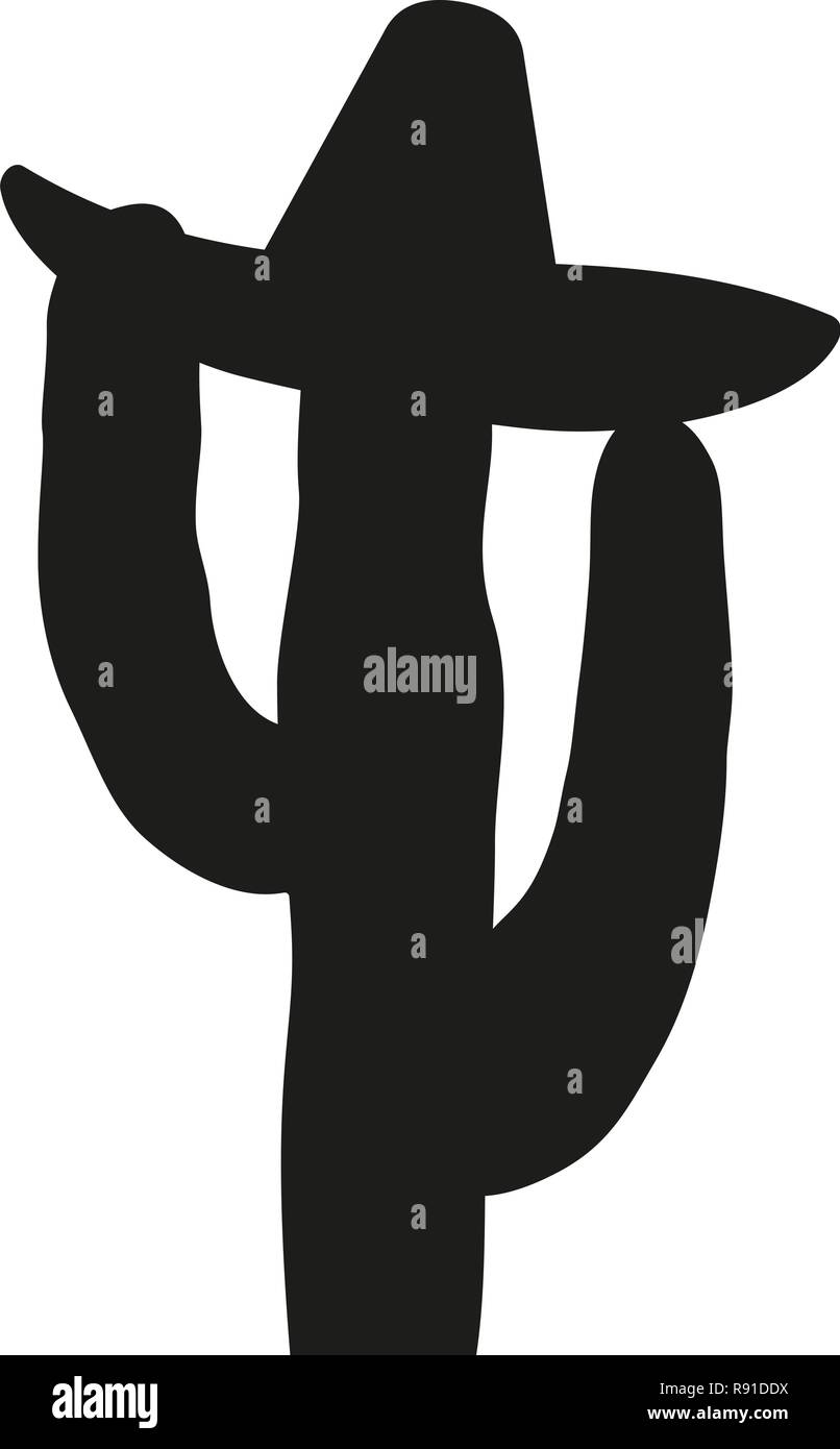 Black and white cactus in sombrero hat silhouette Stock Vector