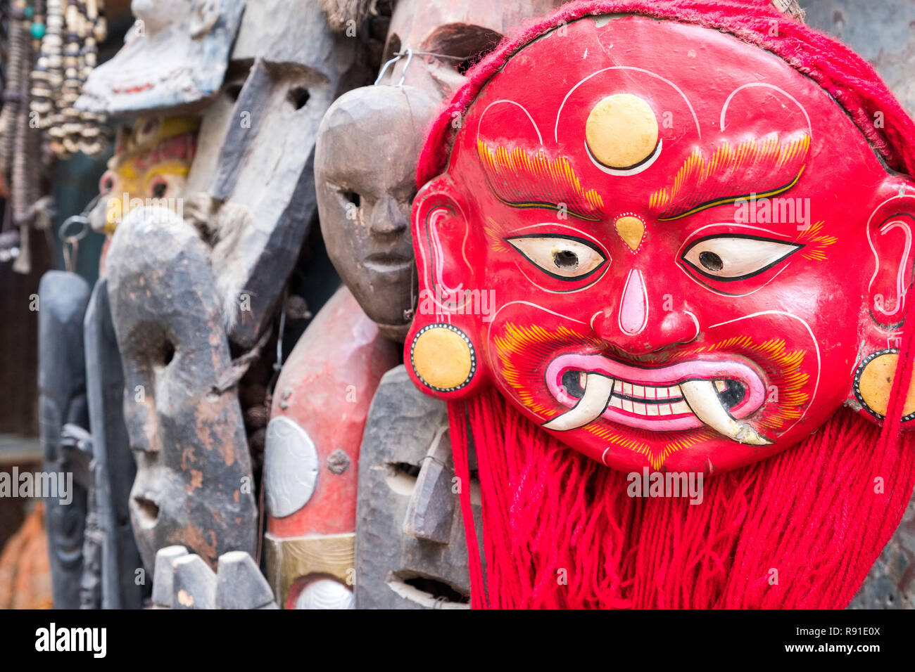Frightening red mask for sale in Kathmandu, Nepal Stock Photo