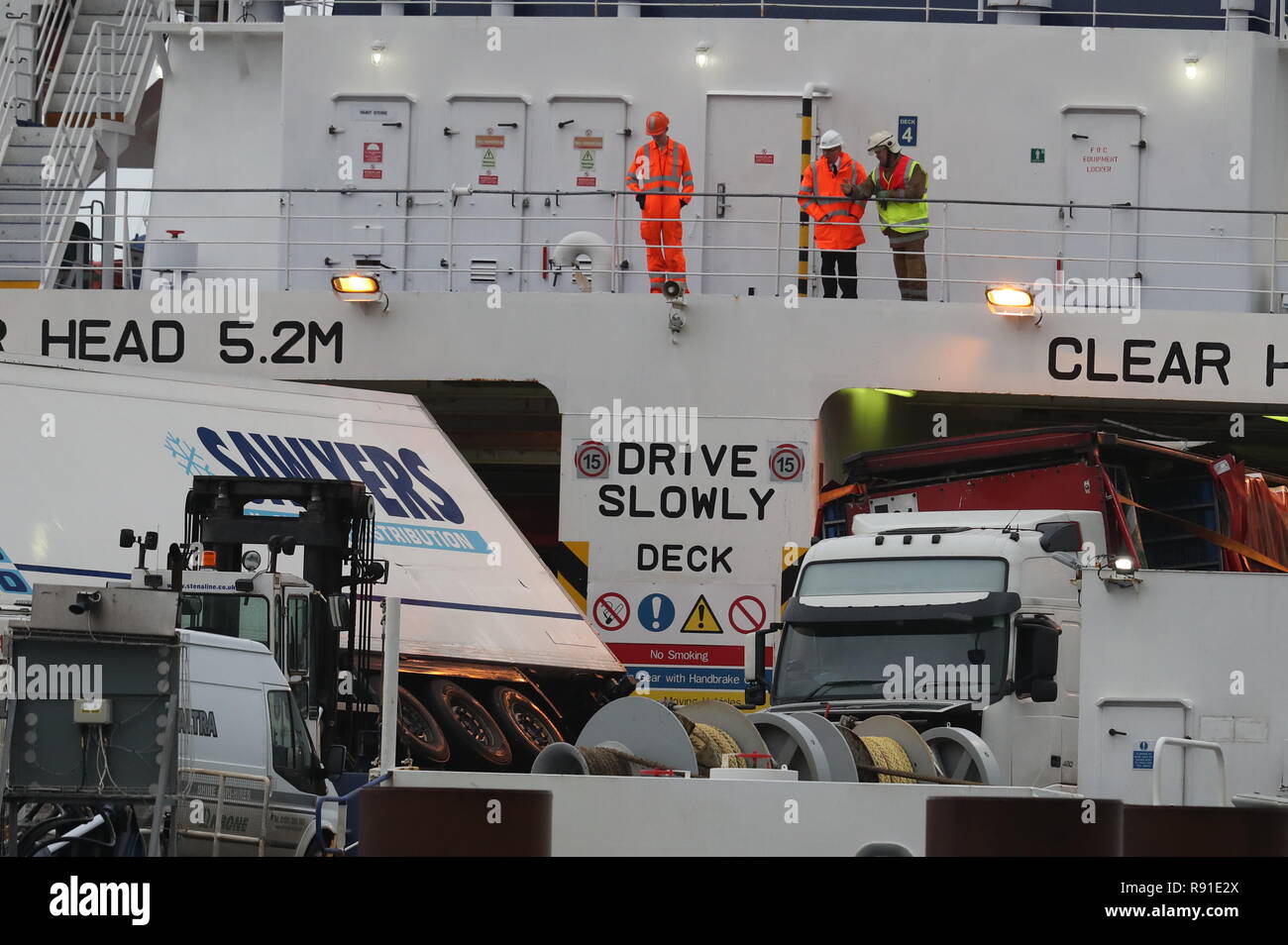 Toppled lorries on board the European Causeway, a P&O Ferry which was travelling from Larne in Northern Ireland to Cairnryan Ferry Terminal, Wigtownshire, when it was caught in high winds. Stock Photo