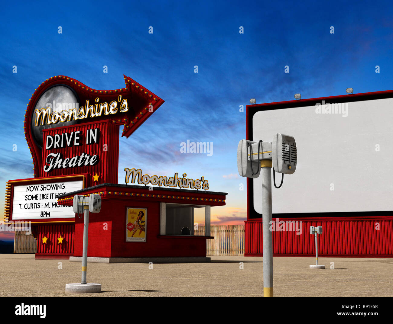 Traditional 1950s drive-in movie theater, cinema at dusk, 3d render, illustarion Stock Photo