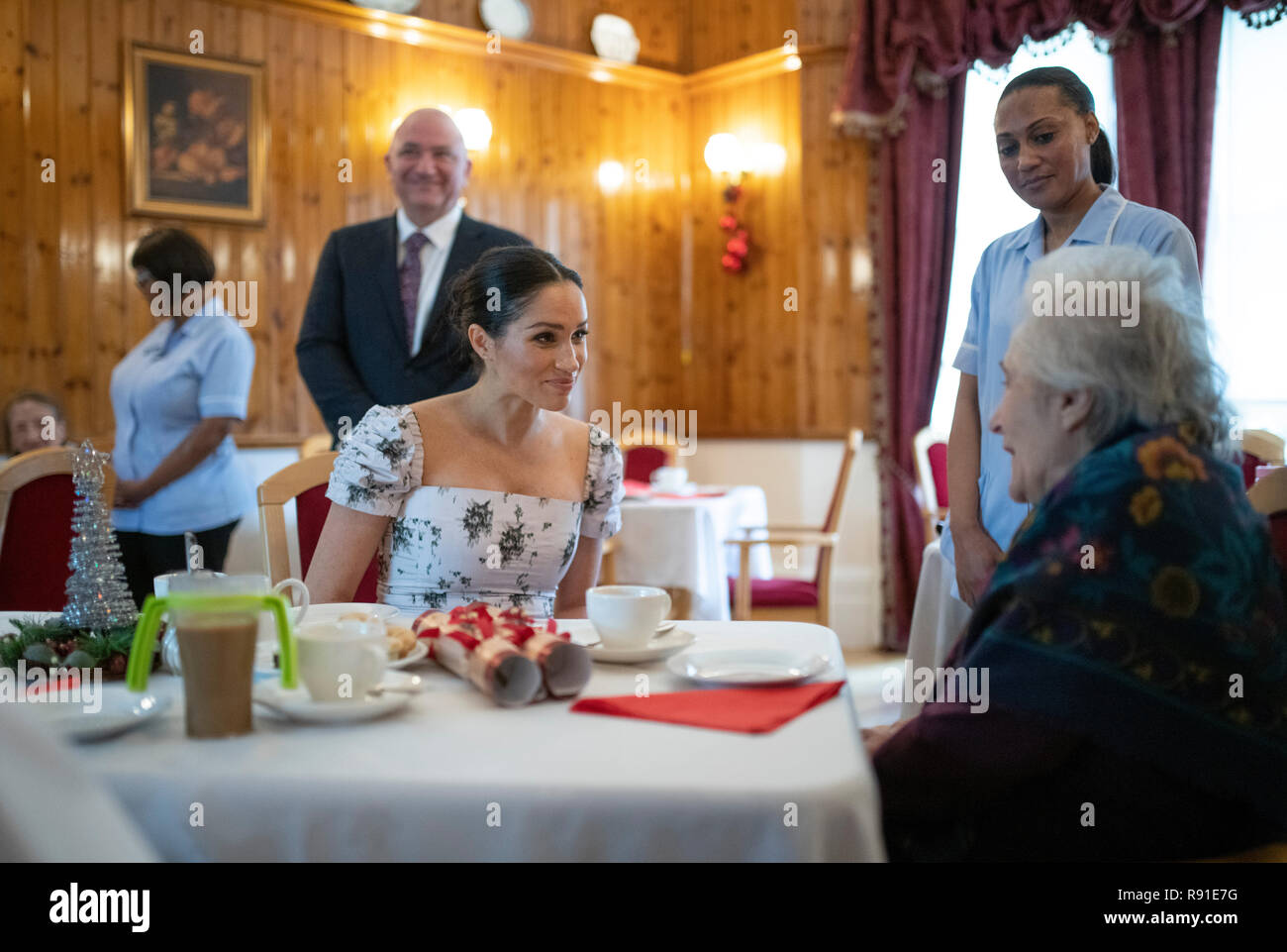 The Duchess of Sussex during a visit to the Royal Variety Charity's residential nursing and care home, Brinsworth House, in Twickenham, west London. Stock Photo