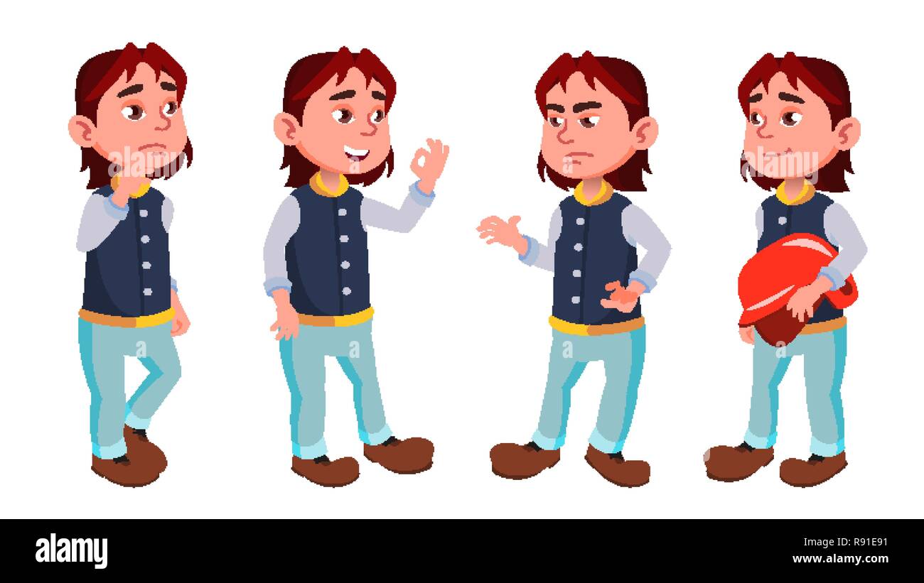 Boy Schoolboy Kid Poses Set Vector. Primary School Child. Education ...