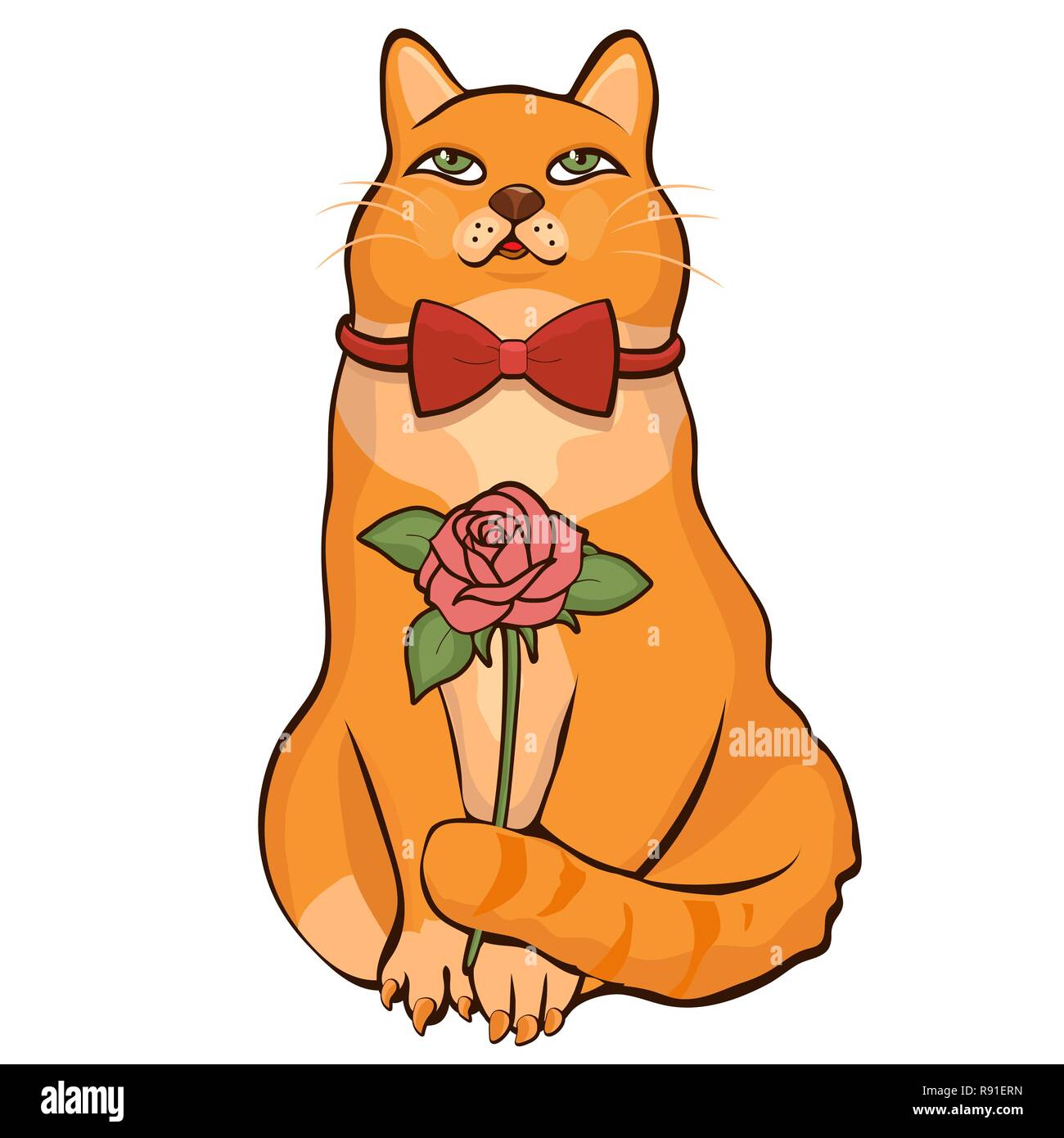 March Cat Hand Drawing Cartoon Character Vector Illustration Sticker Painted Comical Cute Funny Ginger Male Cat With Bow Tie Holding A Flower Tail Stock Vector Image Art Alamy