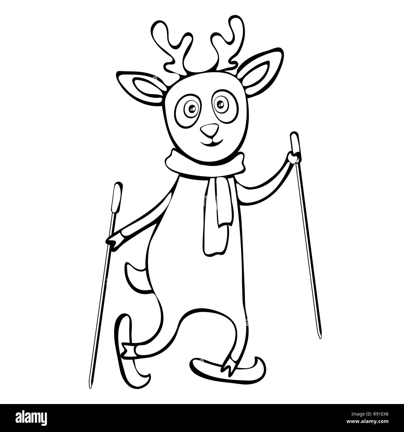 Painted cute funny deer in scarf ride skiing linear hand drawing, cartoon character, vector black and white illustration, coloring, sketch, silhouette Stock Vector