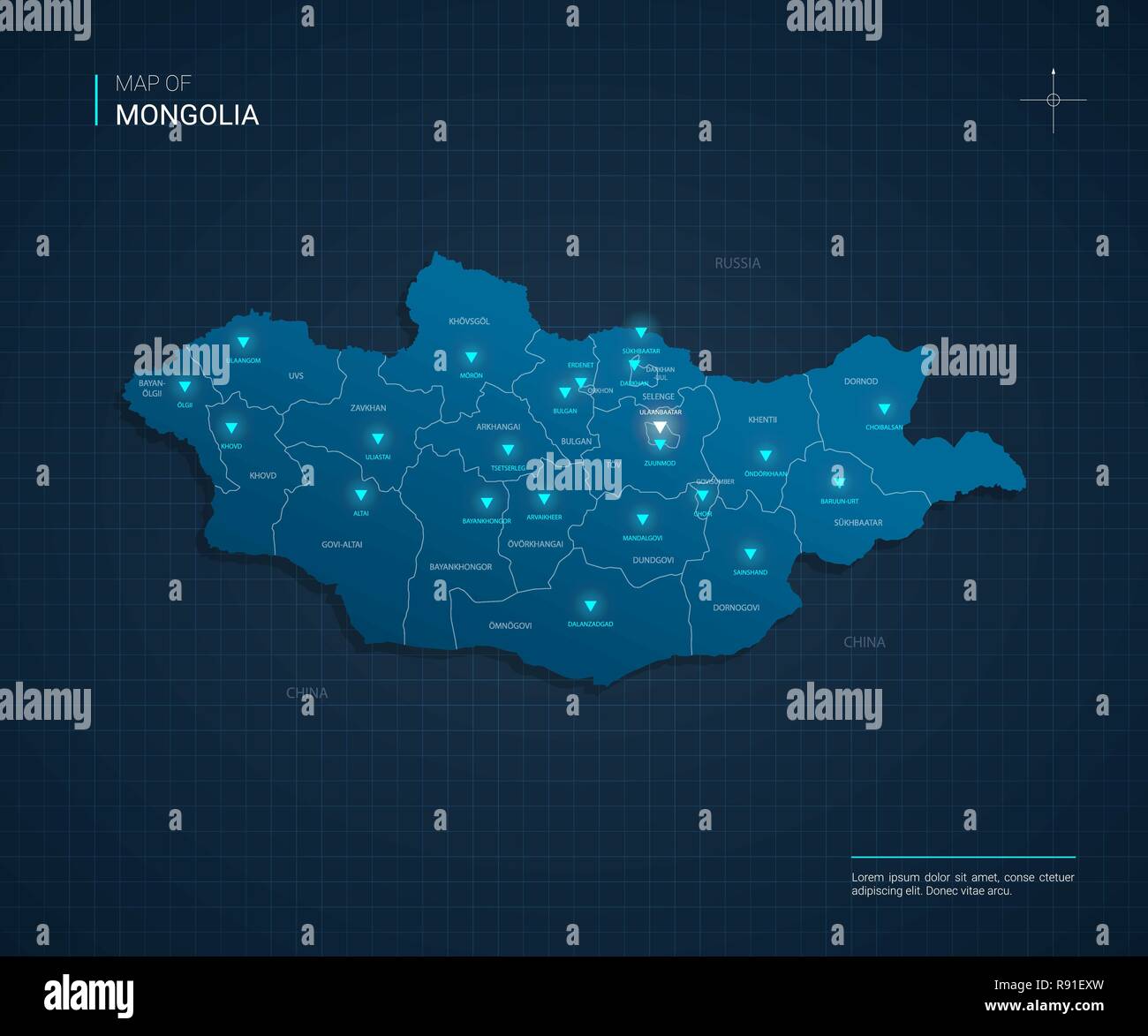 Vector Mongolia map illustration with blue neon lightpoints - triangle on dark blue gradient background. Stock Vector