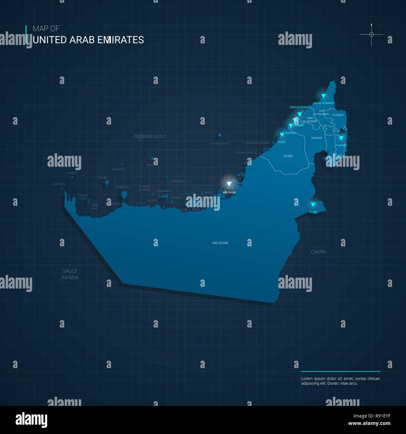 Vector United Arab Emirates UAE map illustration with blue neon lightpoints - triangle on dark blue gradient background. Stock Vector