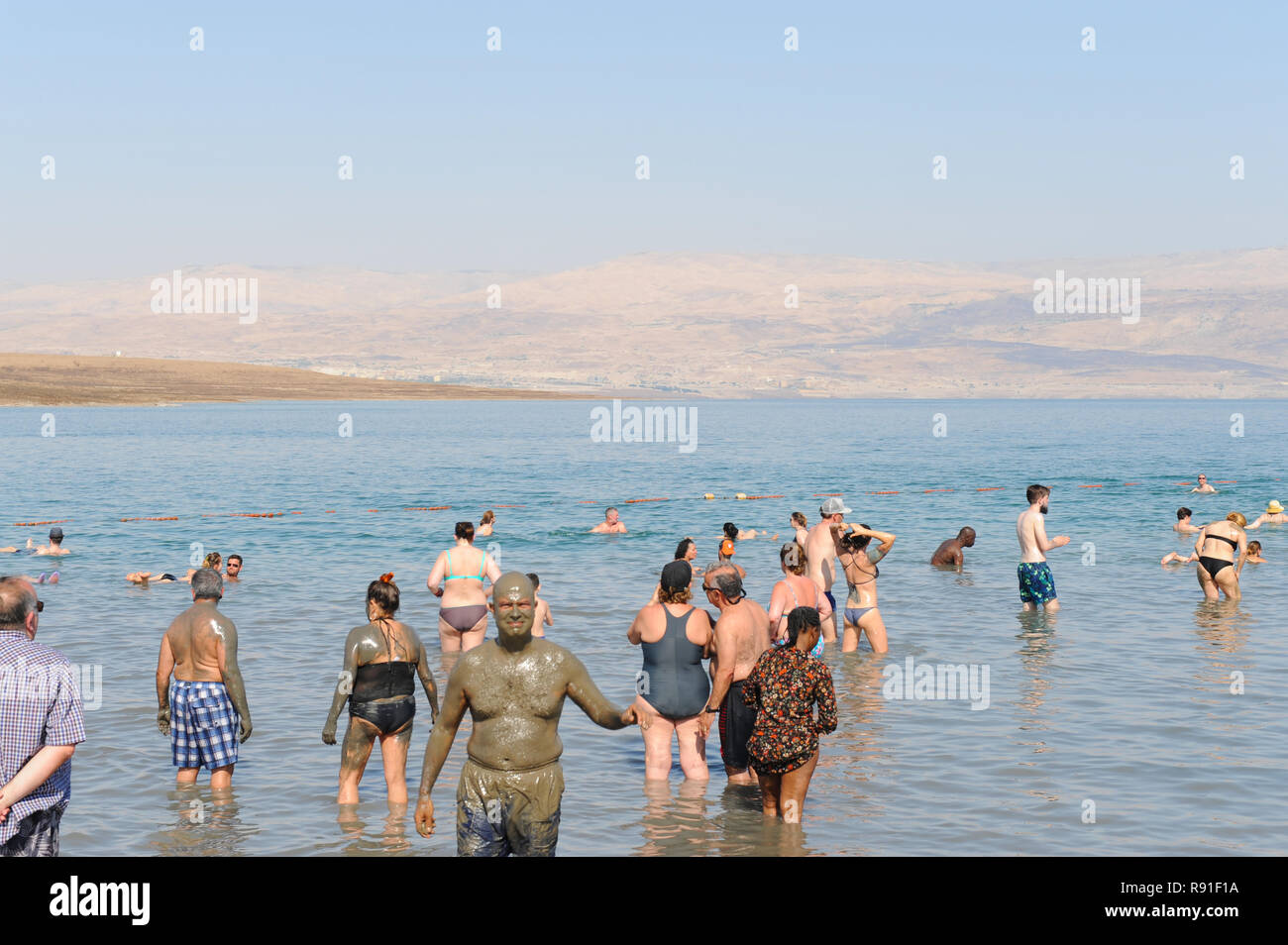 Israel's Kalya Beach Resort of world's saltiest highly mineralised Dead Sea in Jordan Rift Valley where people bathe in salty mud for health benefits. Stock Photo