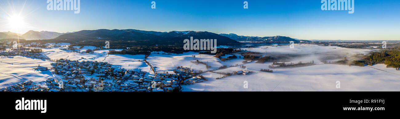 Aerial Winter Alpenvorland snow landscape in Karwendel Bavaria, Germany Stock Photo