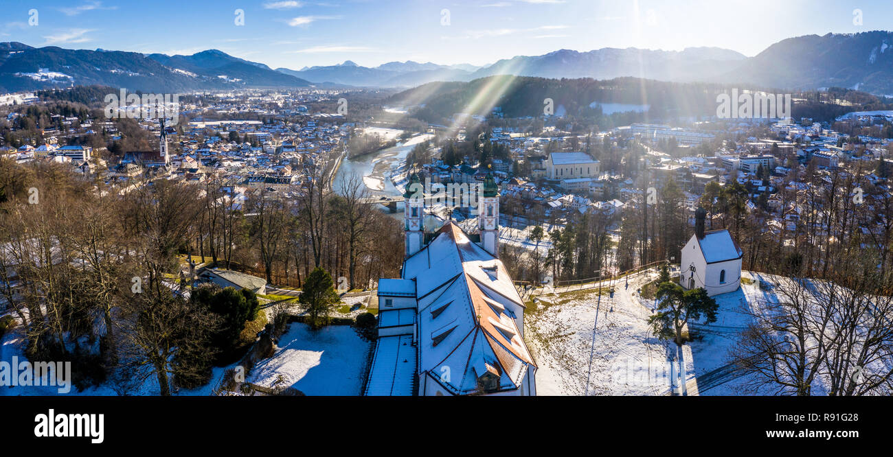 aerial famous old town of bad toelz kalvarienberg winter panoramic drone shot alps - bavaria - germany Stock Photo