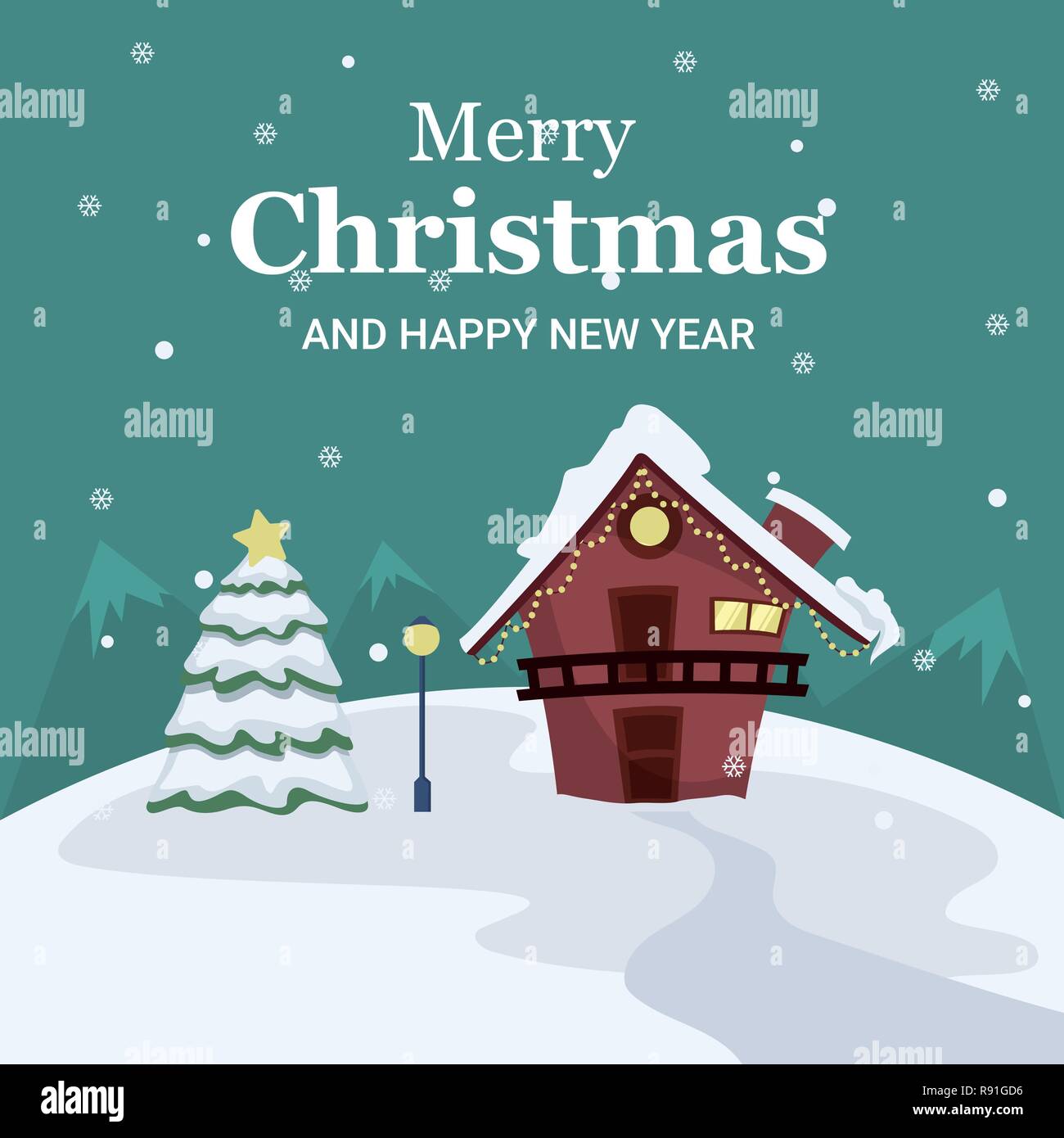 Christmas landscape card of house and tree in the middle of snow Stock ...