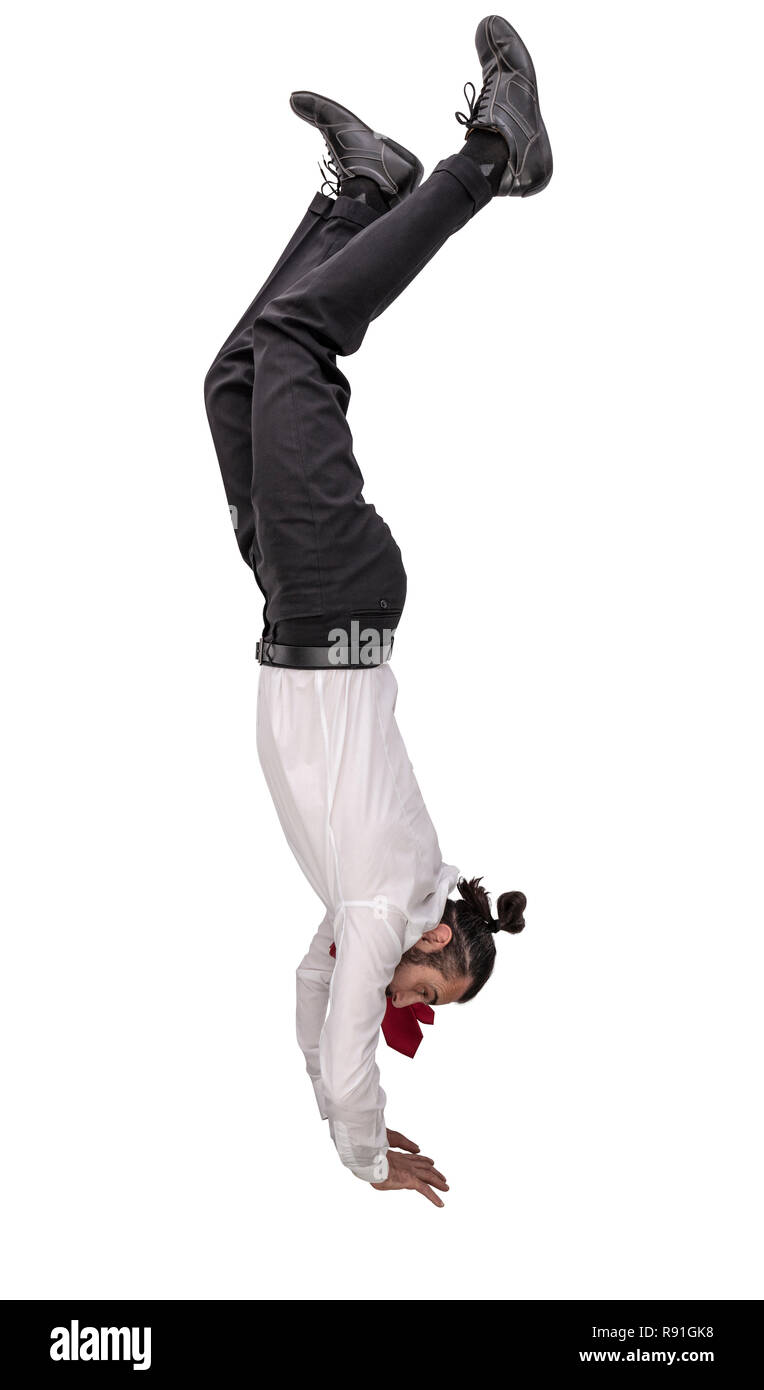 man upside down isolated on white Stock Photo