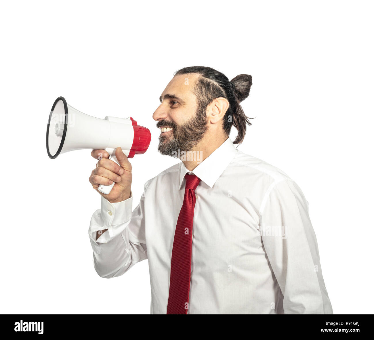 isolated man with megaphone on white background Stock Photo