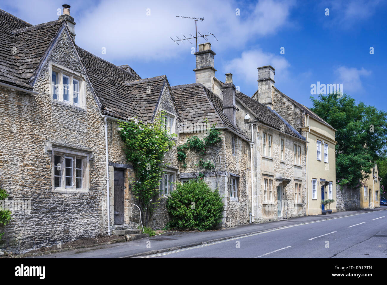 A main street with stone buildings in Corsham, Wiltshire, England Stock