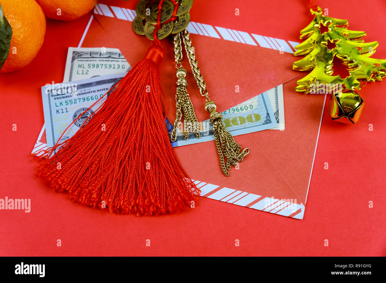 Top view accessories Chinese new year festival decorations on red