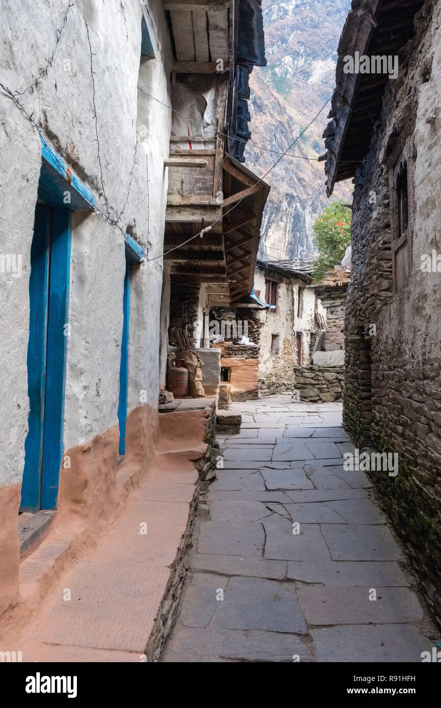The village of Jagat in the Budhi Gandaki valley on the Manaslu Circuit trek, Nepal Himalayas Stock Photo