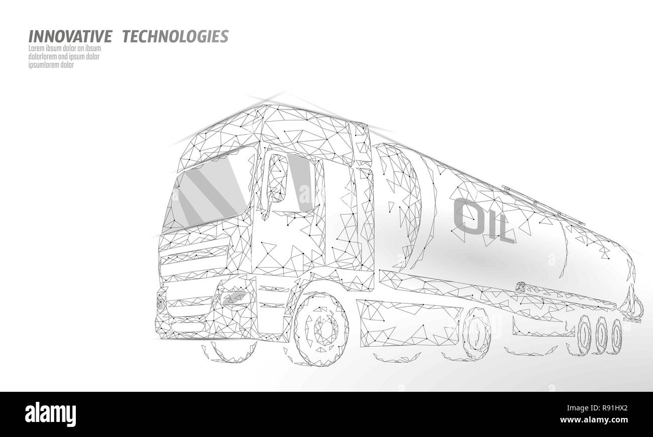 Oil truck highway cistern 3D render low poly. Fuel petroleum finance industry diesel tank. Cylinder vehicle big cargo gasoline logistic economical business polygonal line vector illustration Stock Vector