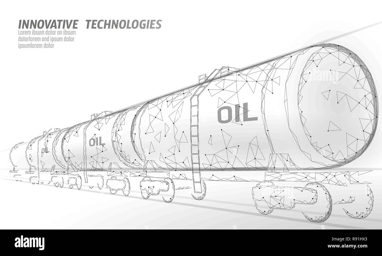 Oil railway cistern 3D render low poly. Fuel petroleum finance industry diesel tank. Cylinder railroad wagon train gasoline logistic economical business polygonal line vector illustration Stock Vector