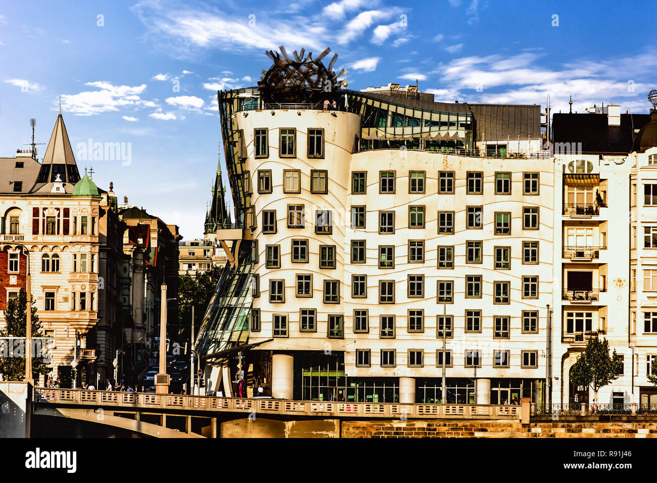 Dancing House of Prague, Czech Republic, view from the other ban Stock Photo