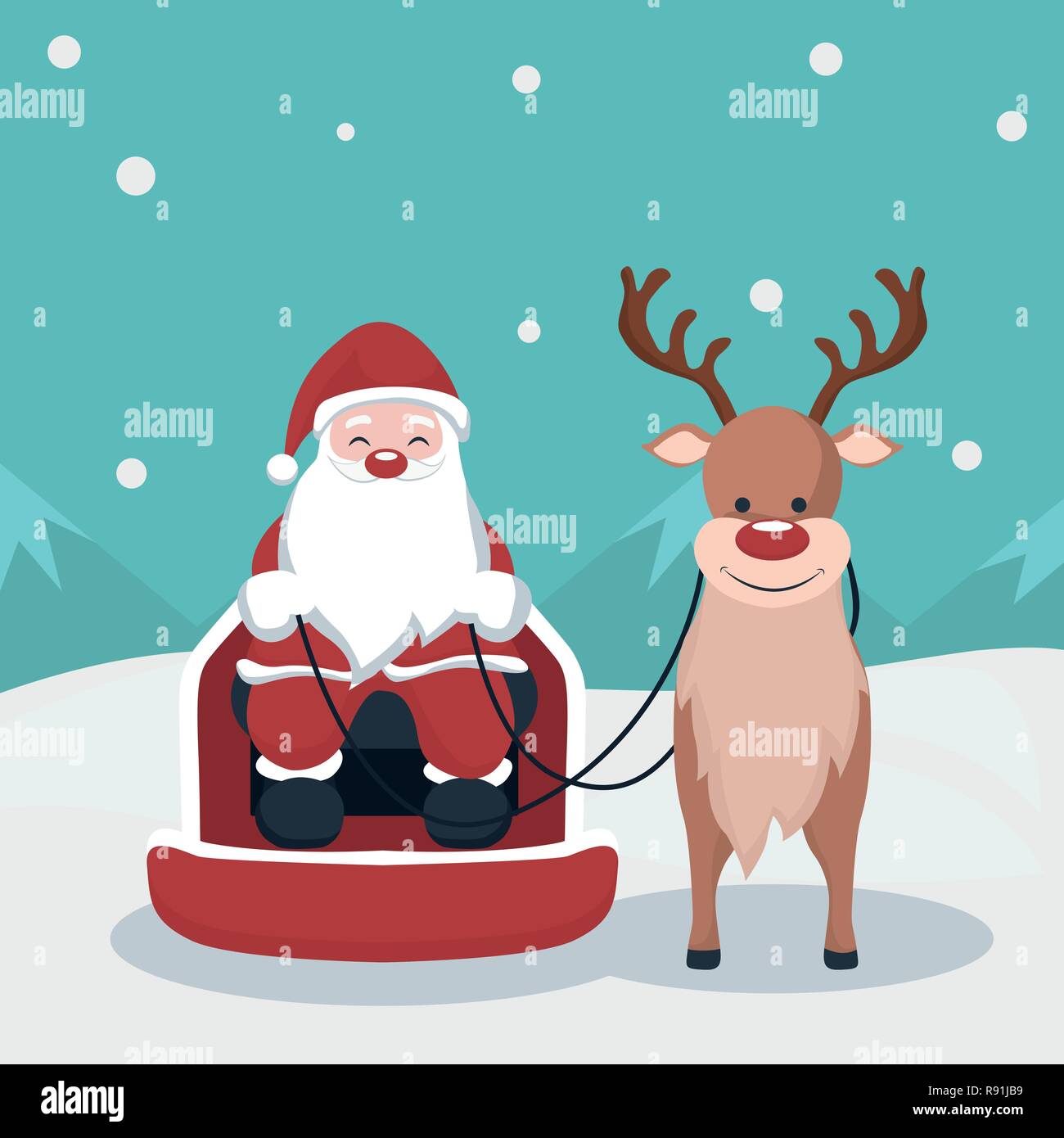 Christmas Card Of Santa Claus In His Sleigh With Reindeer In