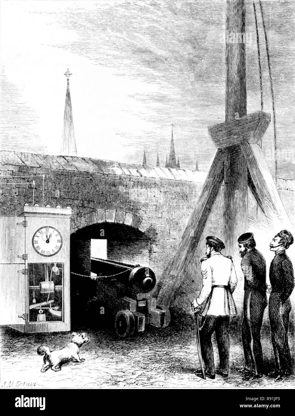Method of firing the One O'Clock Gun from Edinburgh Castle, actuated by electrical signals from the Calton Hill Observatory The tradition for firing the gun began in 1861, when it was used to provide ships in the Firth of Forth with an audible signal for the time. Stock Photo