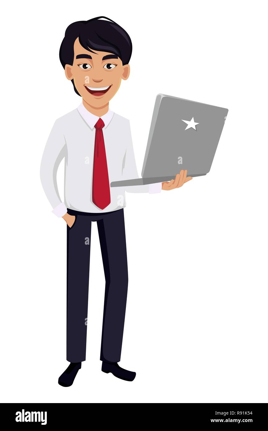 Asian business man, concept of cartoon character in office style clothes.  Handsome businessman holds laptop. Vector illustration on white background  Stock Vector Image & Art - Alamy