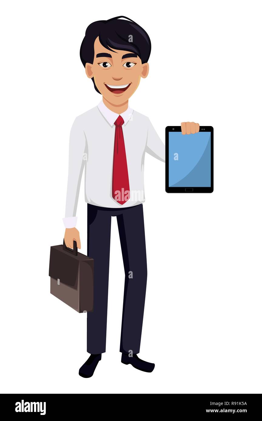 Asian business man, concept of cartoon character in office style clothes.  Handsome businessman holds briefcase and tablet. Vector illustration on  whit Stock Vector Image & Art - Alamy