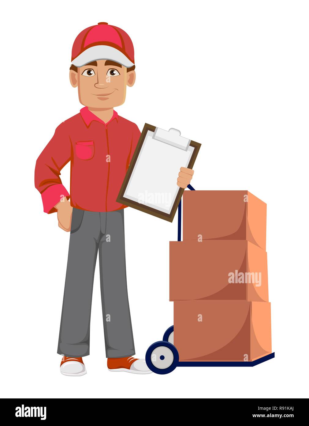 Courier man in red uniform. Handsome delivery man. Cartoon character