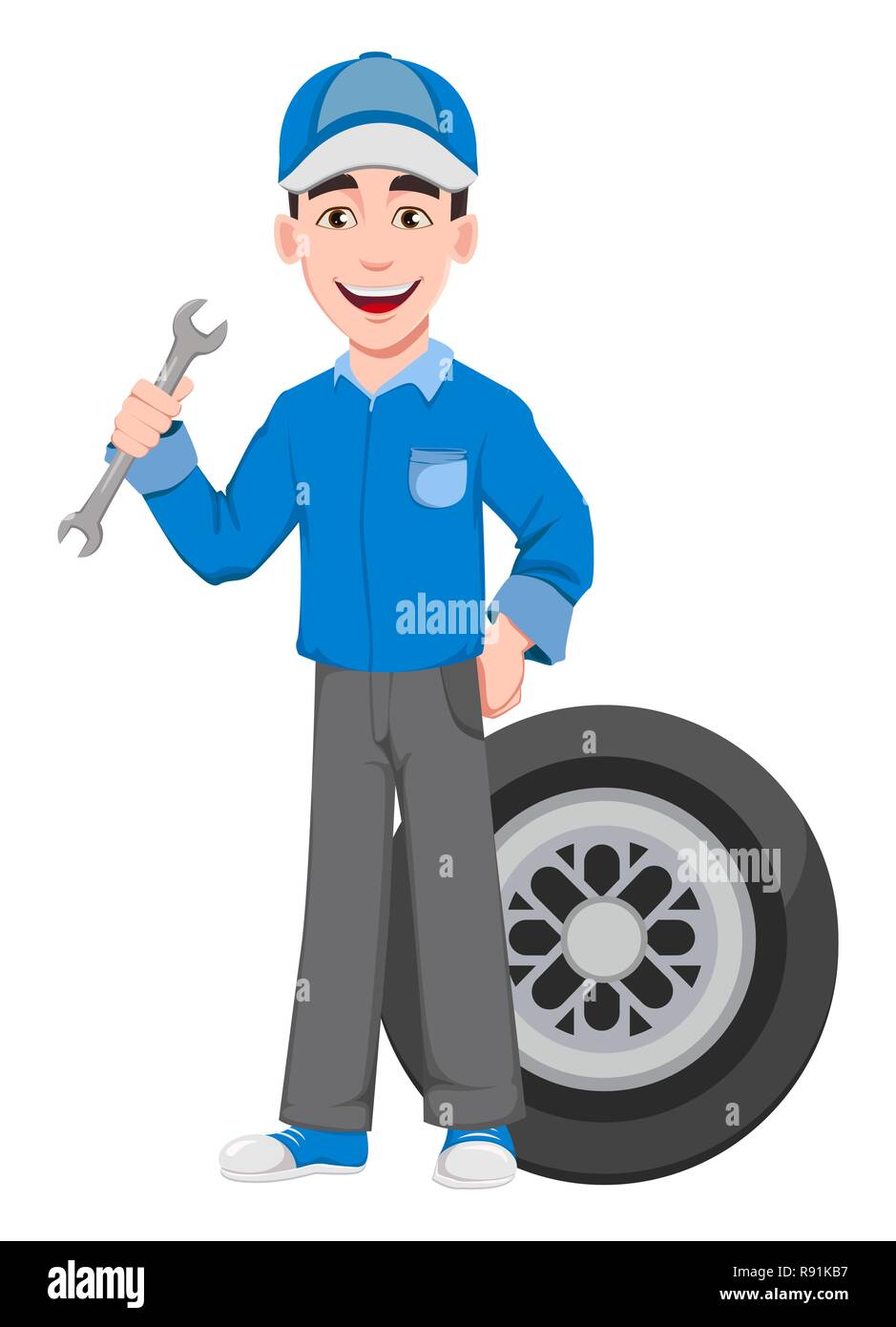 Professional auto mechanic in uniform. Smiling cartoon character stands  near wheel and holds wrench. Expert service worker. Vector illustration  Stock Vector Image & Art - Alamy