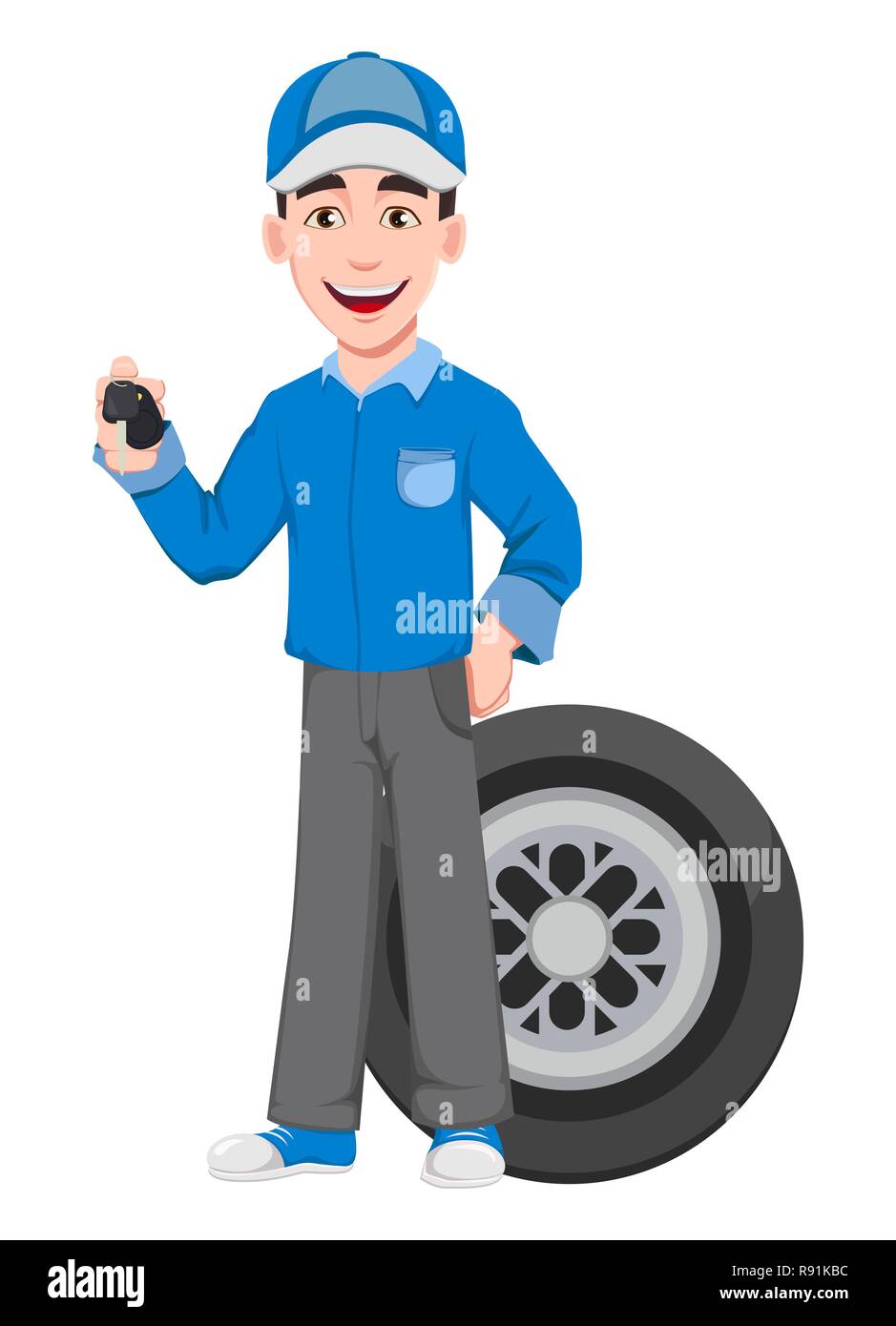 Professional auto mechanic in uniform. Smiling cartoon character stands  near wheel and holds car keys. Expert service worker. Vector illustration  Stock Vector Image & Art - Alamy